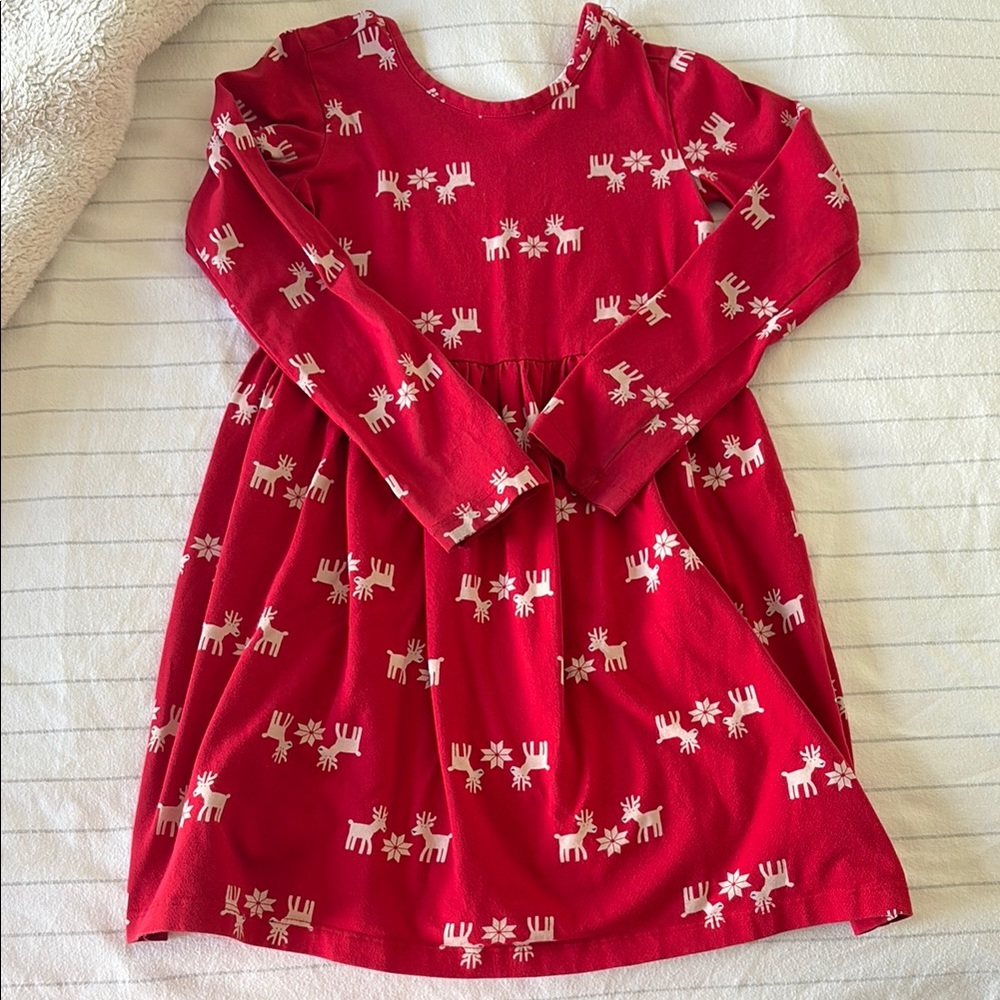 Hannah Andersson Red Long Sleeve Dress with White Reindeer Pattern
